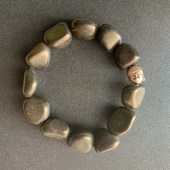 Black Agate Stone Buddha Head Bead Bracelet - Picture 4 of 5